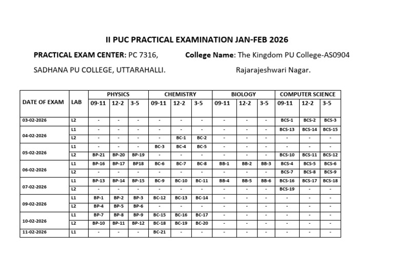 II Puc Practical Time Table Feb 2026 | PDF