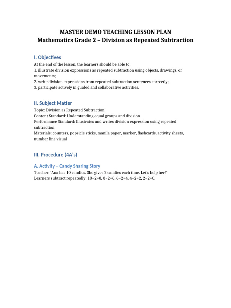 Grade2 Division As Repeated Subtraction Lesson Plan | PDF