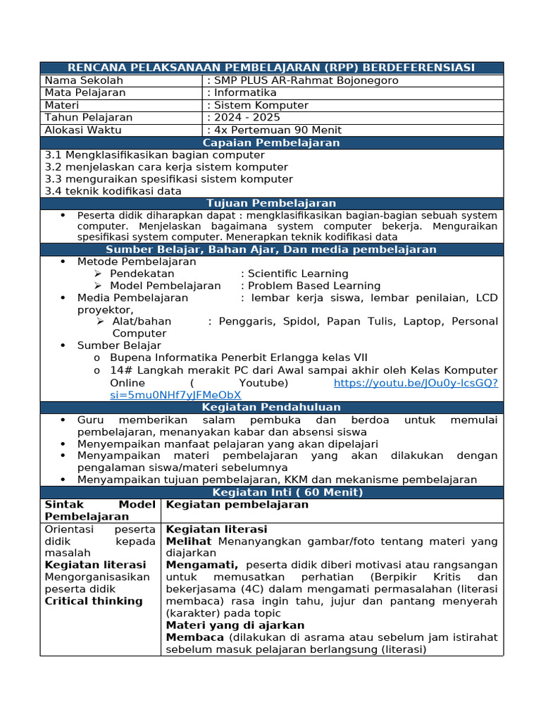 RPP Sistem Komputer - Merakit Personal Komputer | PDF