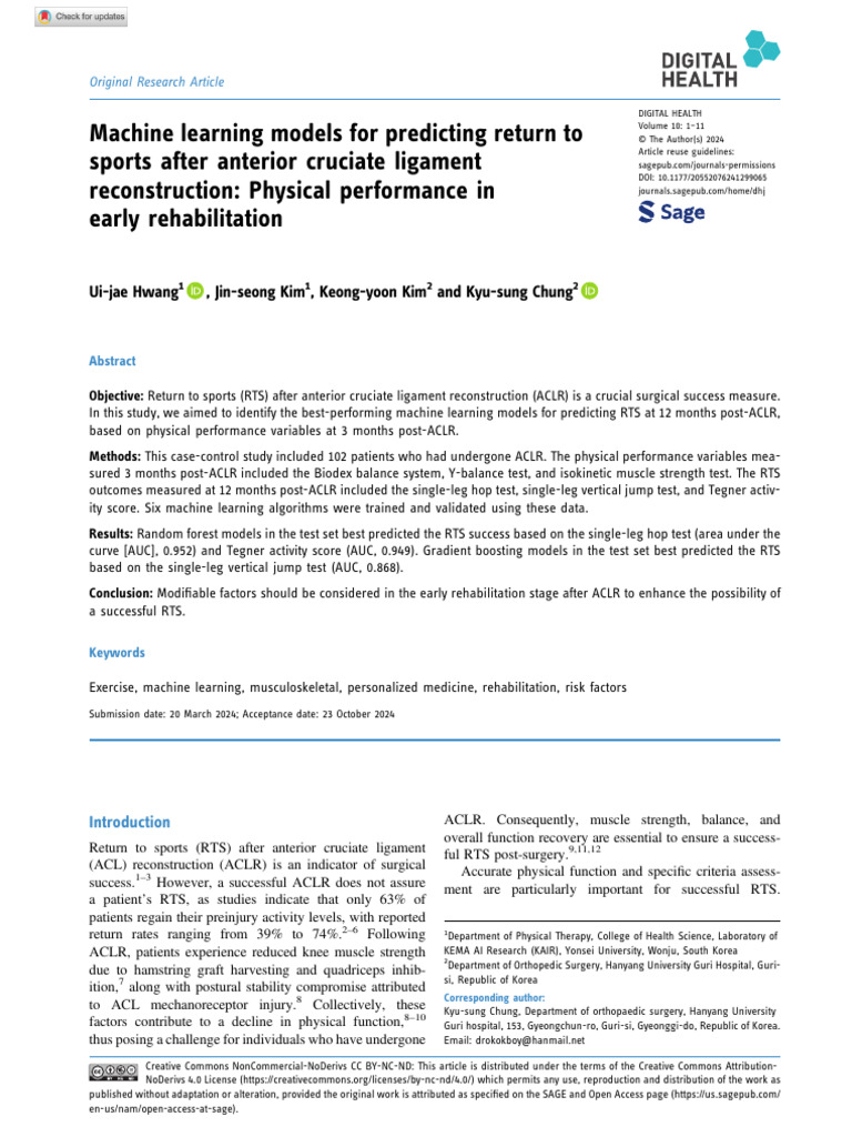 Machine Learning Models For Predicting Return To Sports After Anterior ...
