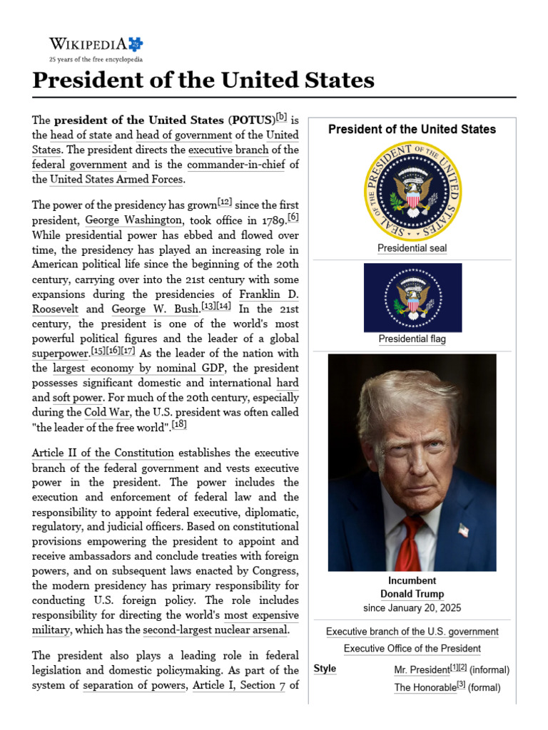 President of The United States - Wikipedia | PDF | American Government ...