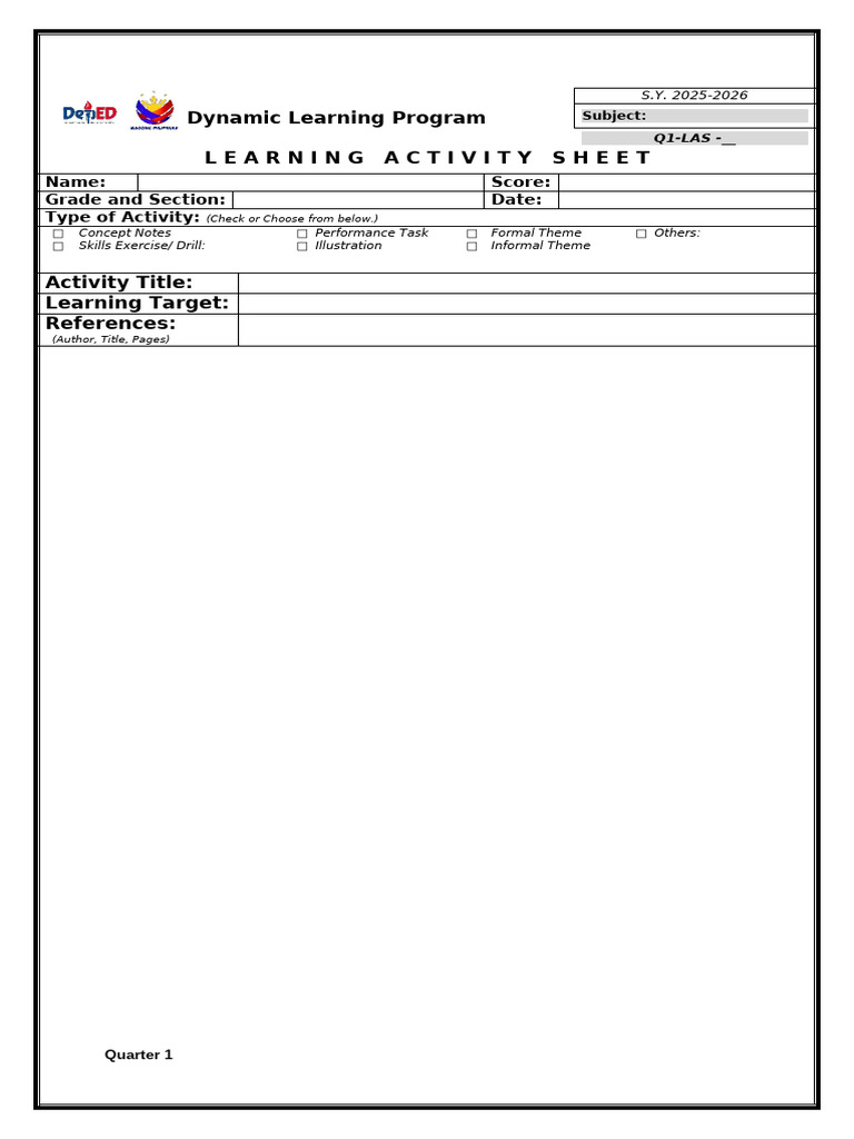 Dynamic Learning Program Learning Activity Sheet: Name: Score: Grade ...