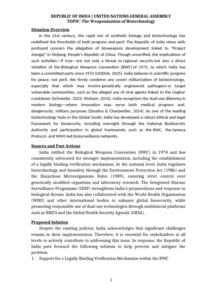 Position Paper India UNGA Biotech | PDF | Biological Warfare ...