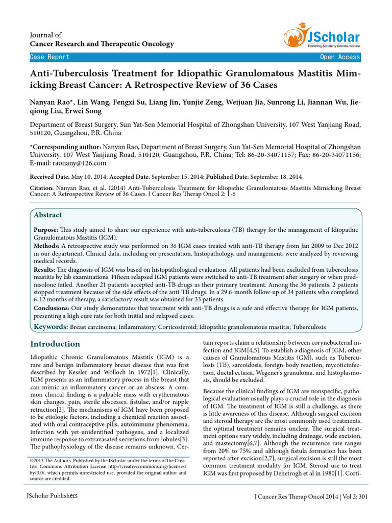 Anti Tuberculosis Treatment For Idiopathic Granulomatous Mastitis ...