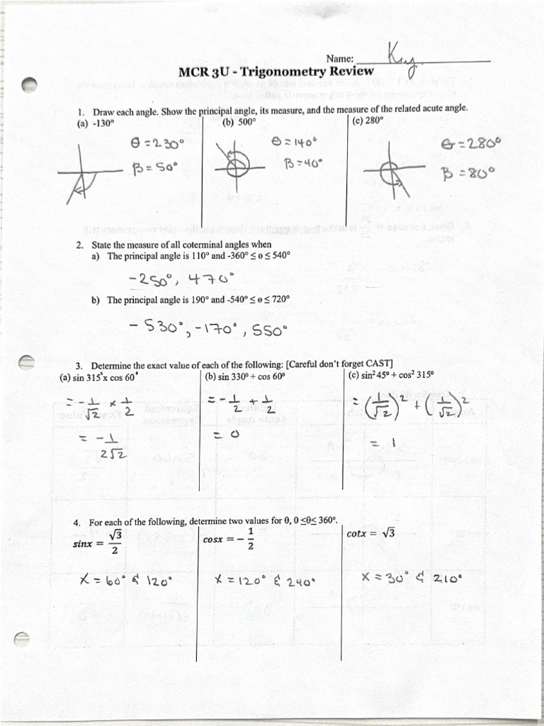 Trig Part 1 Review Solutions | PDF