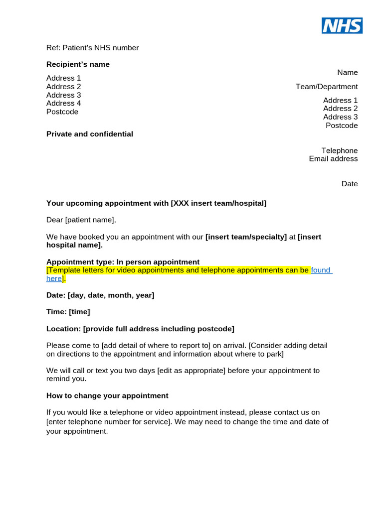B2012iii Patient Letter Template Appointment Confirmation | PDF ...