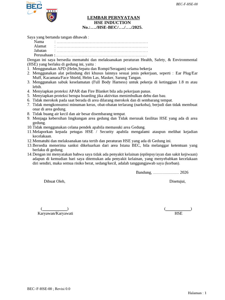 HSE BEC - Form Pernyataan Induksi | PDF