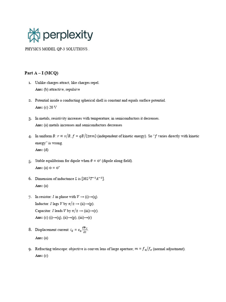 Physics Model QP - 3 2025-26 Solutions | PDF | Capacitor | Alternating ...