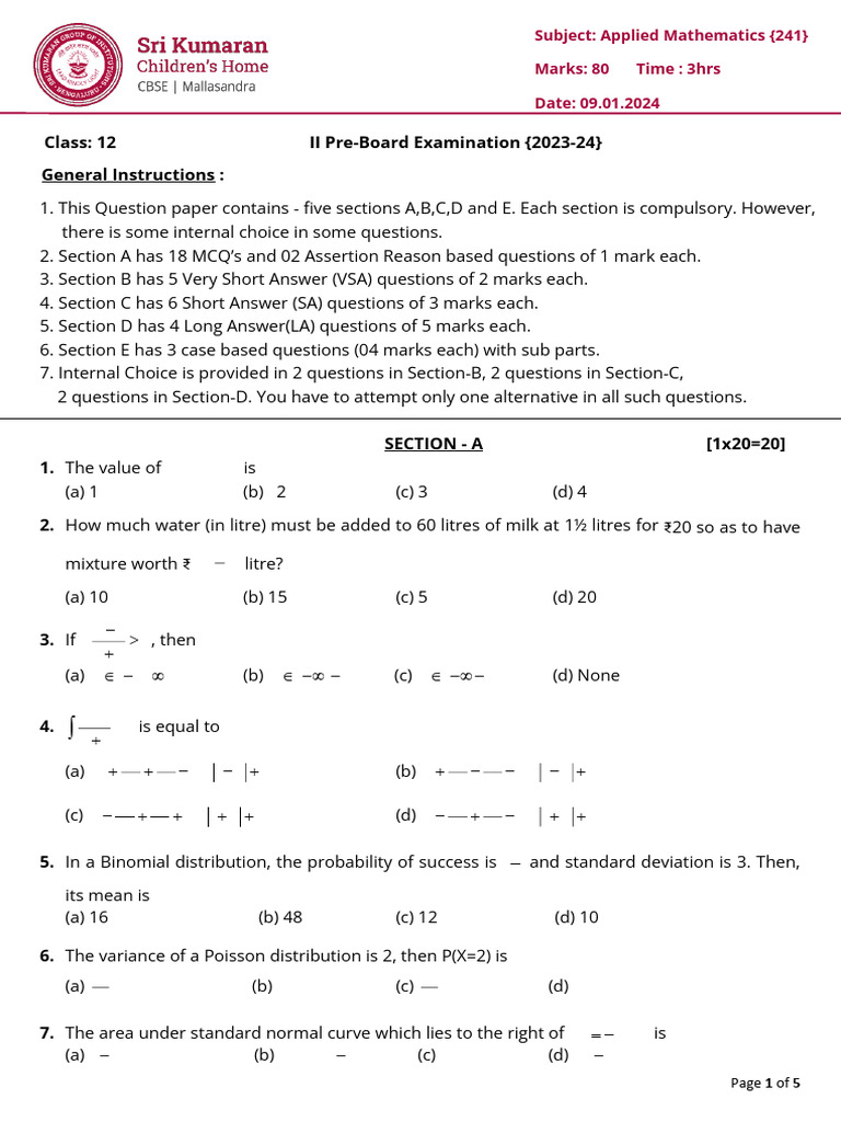 Maths 2023 - 24 Pre Boards | PDF | Interest | Statistical Theory