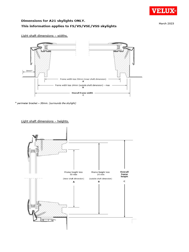 Velux Frame and Lightshaft Dimensions A21 | PDF