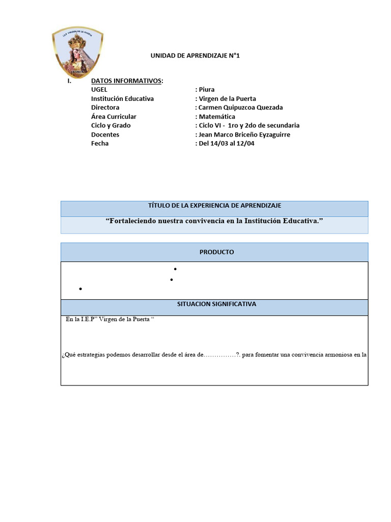 Unidad de Aprendizaje I Bimestre - 1ro y 2do de Secundaria | PDF ...