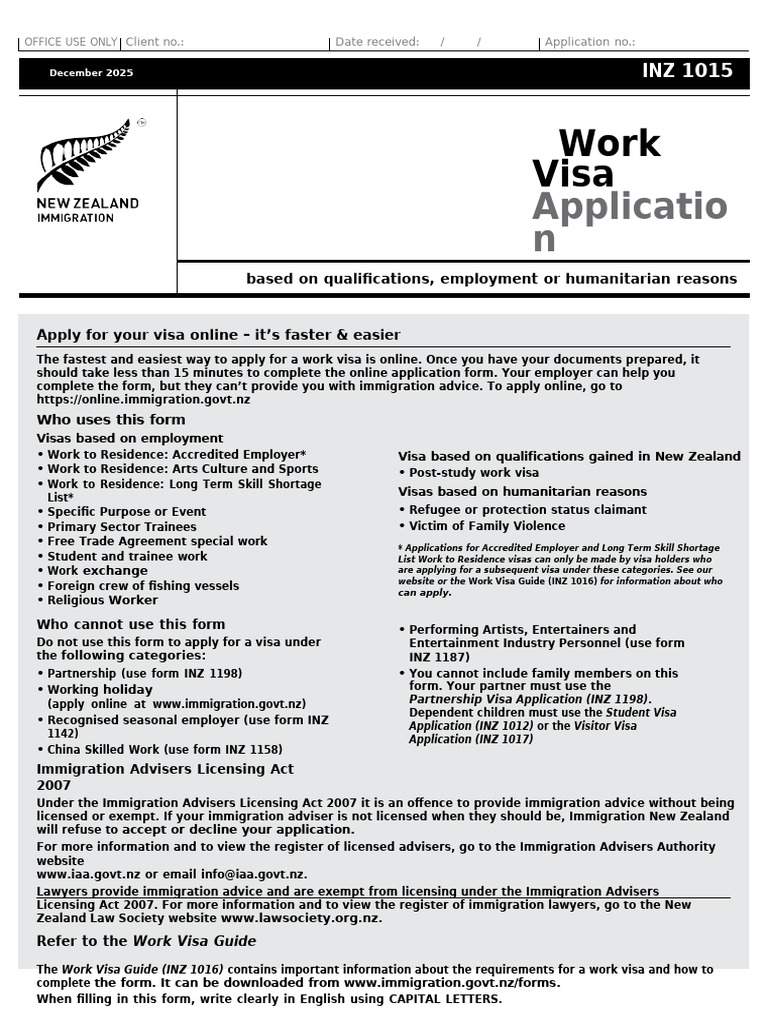 Work Visa Application INZ 1015 | PDF | Travel Visa | Credit Card