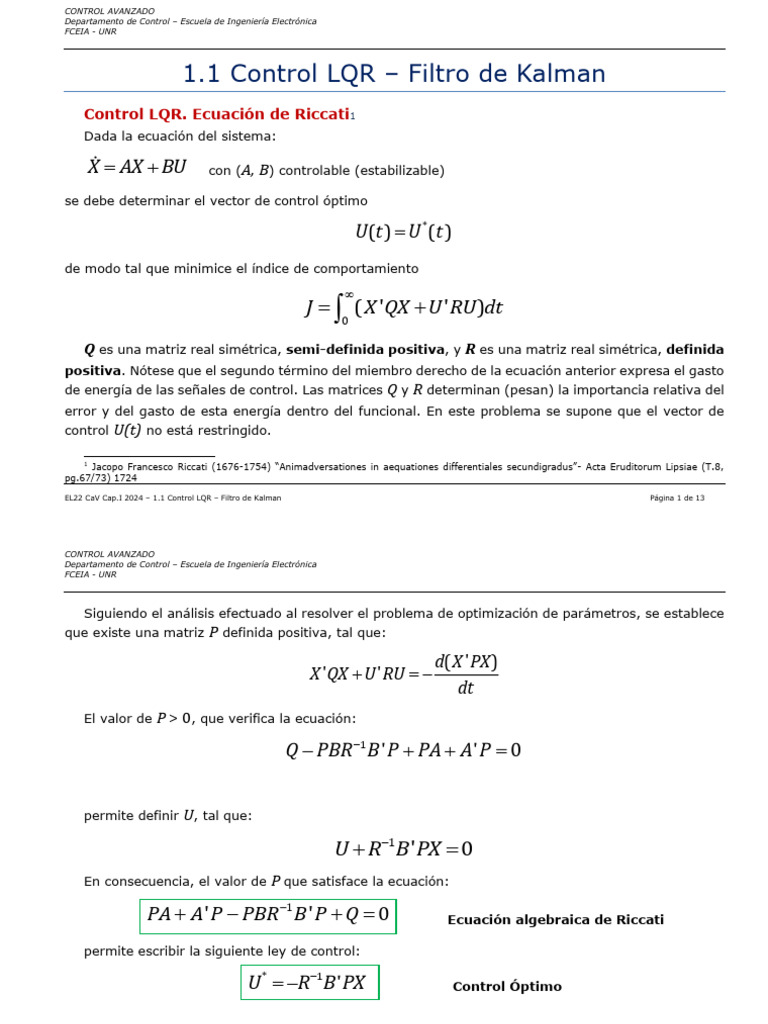 Capítulo 1.1 - Control LQR | PDF | Filtro Kalman | Matemáticas Aplicadas
