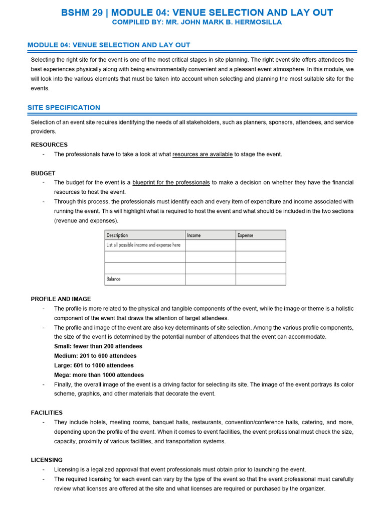 Module 04 Venue Selection and Lay Out | PDF | Expense | Accessibility