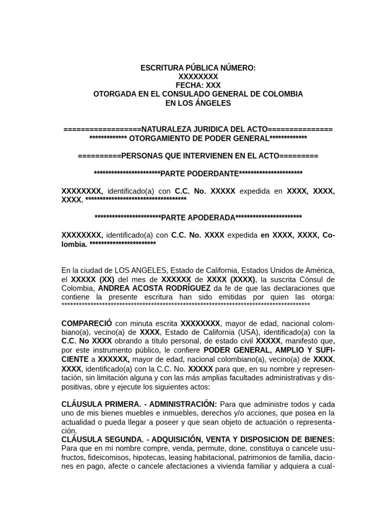 Modelo PODER GENERAL. Consul Andrea Acosta. Octubre 28 | PDF