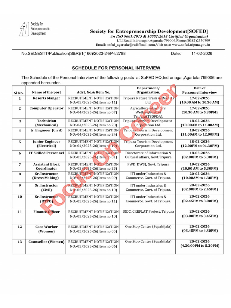 SOFED Scedule For Personal Interview | PDF
