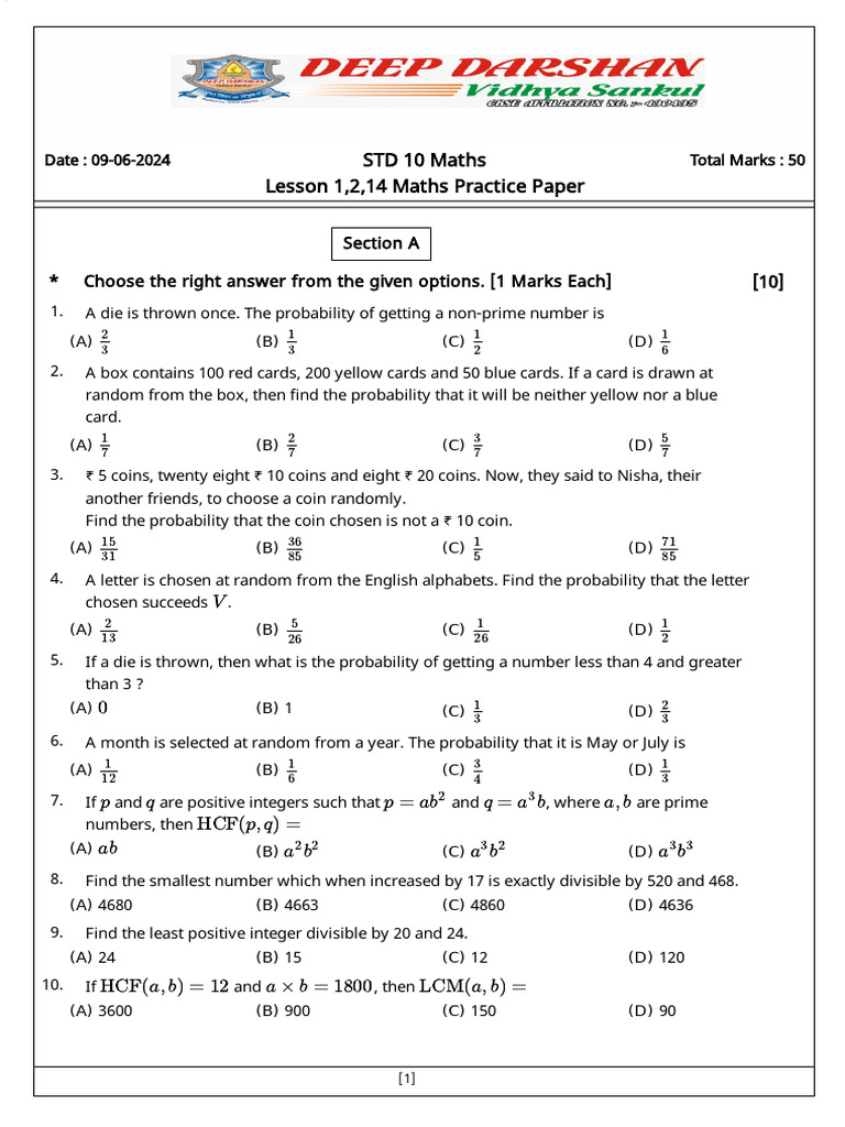 Lesson 1,2,14 Maths Practice Paper | PDF | Numbers | Zero Of A Function