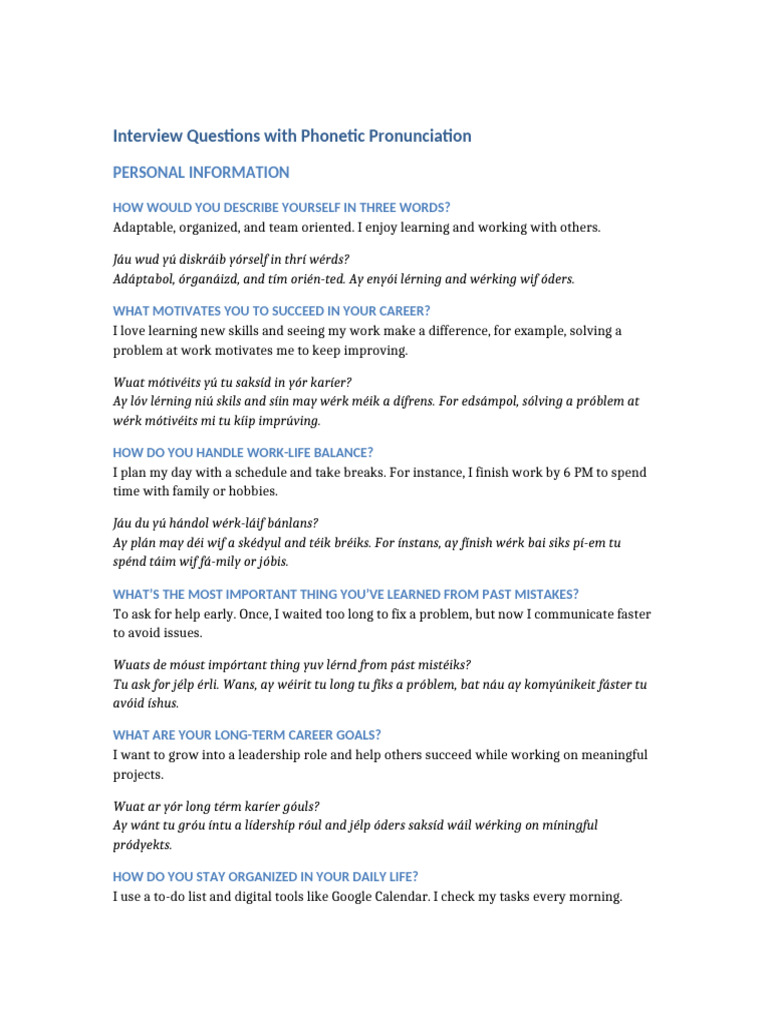 Complete Interview Questions Pronunciation | PDF