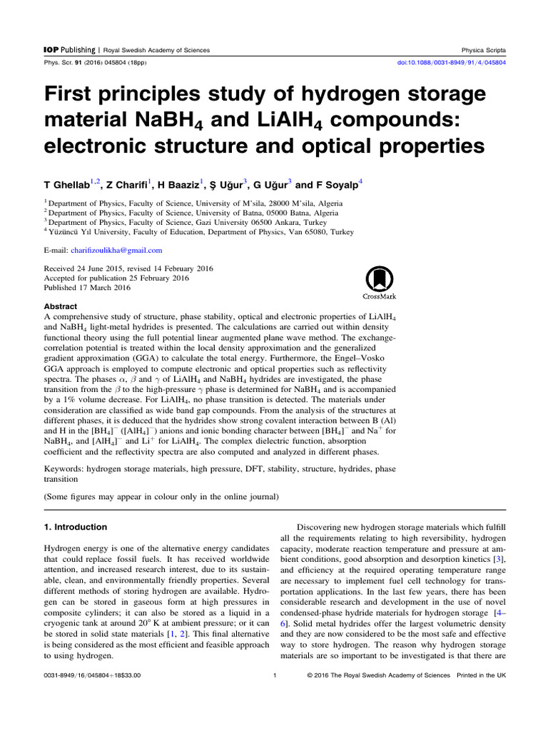 First Principles Study of Hydrogen Storage Materia | PDF | Hydrogen ...