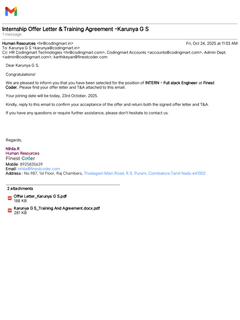Gmail - Internship Offer Letter & Training Agreement - Karunya G S | PDF