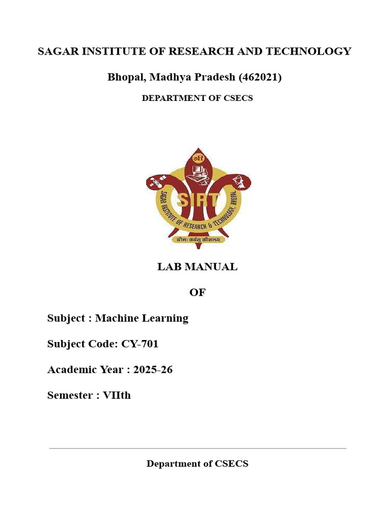 Cy-701 Machine Learning Lab Manual | PDF | Machine Learning | Applied ...