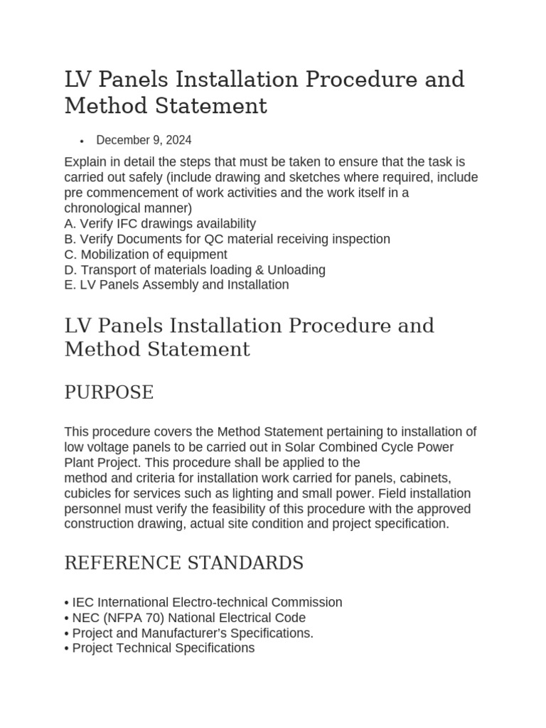 LV Panels Installation Procedure and Method Statement | PDF | Pallet ...