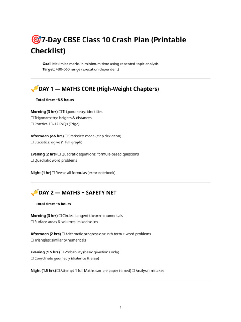 7-Day 500-Target Crash Plan Checklist | PDF | Area | Mathematics