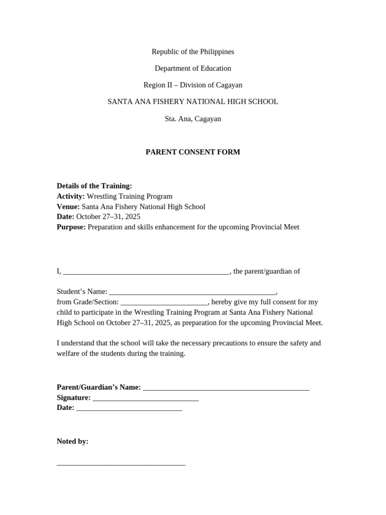 Parent Consent Wrestling Training | PDF