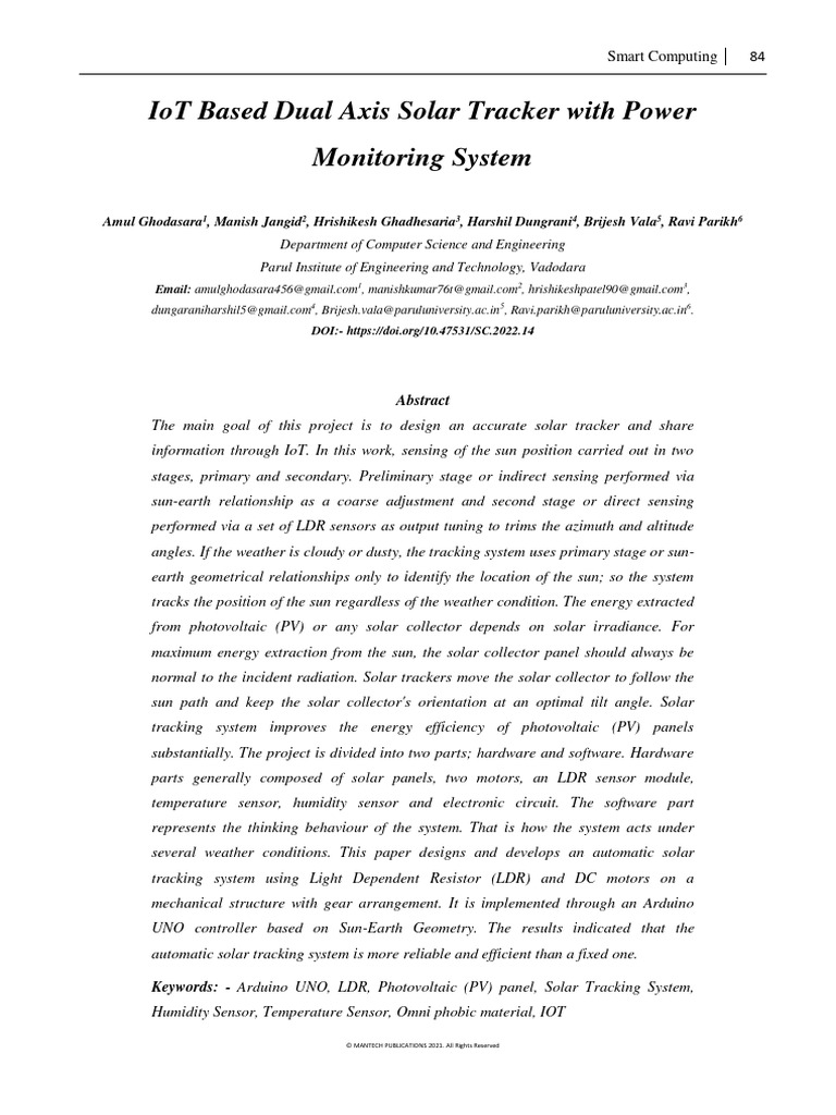 IoT Based Dual Axis Solar Tracker With P | PDF | Photovoltaics | Solar ...