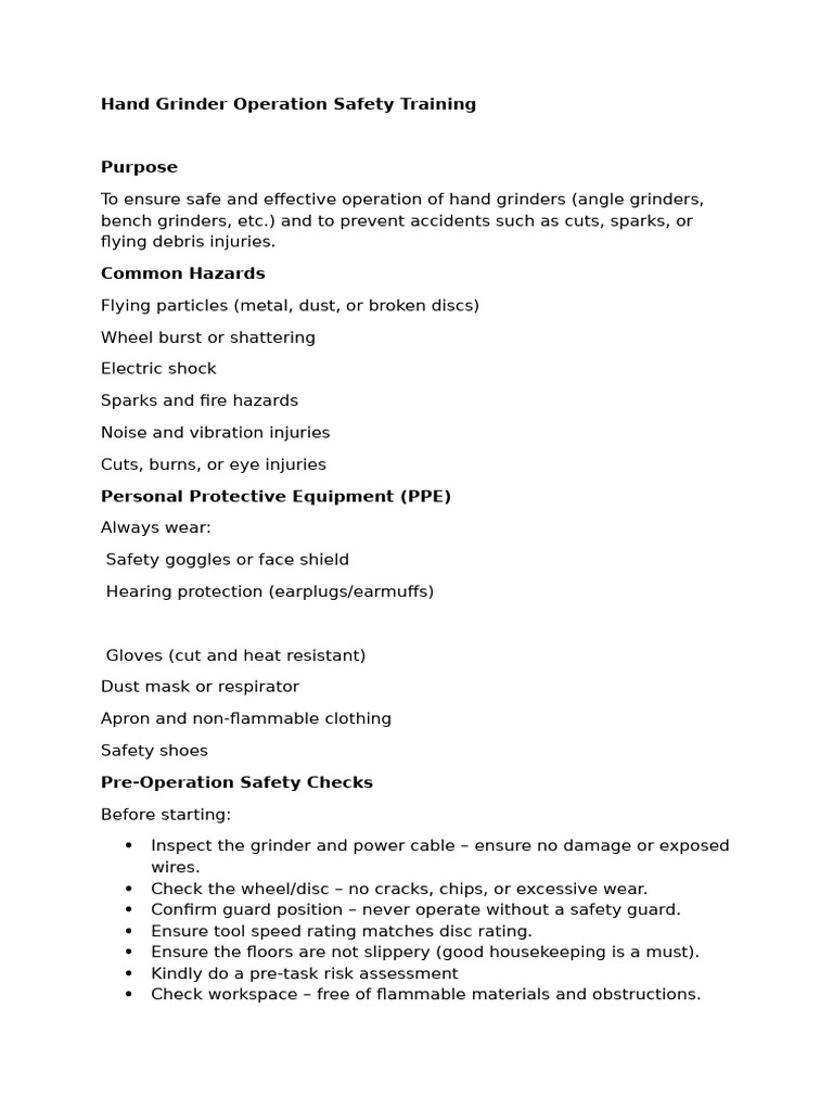 Hand Grinder Operation Safety Training | PDF | Safety | Occupational ...