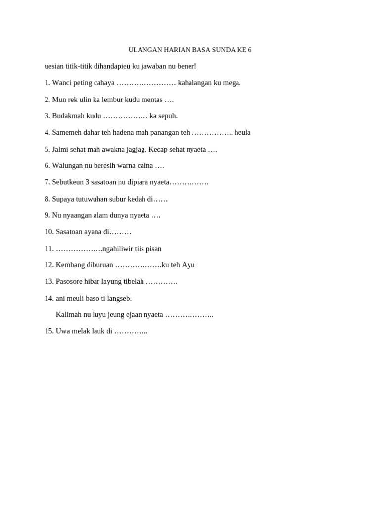 Ulangan H.basa Sunda Ke 6 Kls 2 | PDF