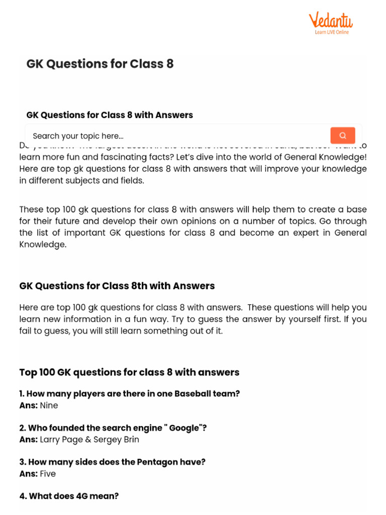 GK Questions For Class 8 | PDF
