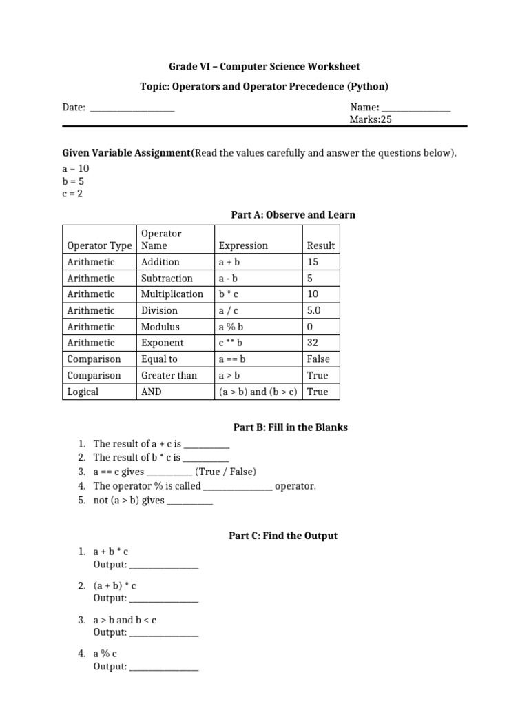 Grade Vi - Operators and Operator Precedence Worksheet | PDF ...