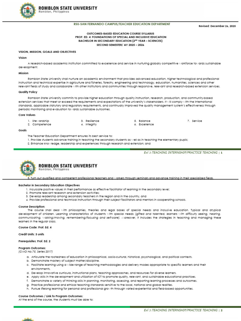 Sciences Course Syllabus Prof - Ed 4 Bsed | PDF | Learning | Autism