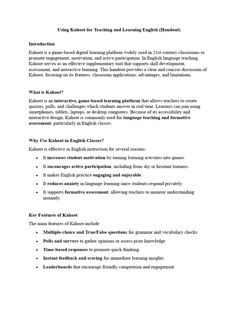 Using Kahoot For Teaching and Learning English Handout | PDF | Learning ...