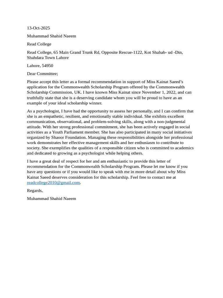 Professional Reference Letter | PDF