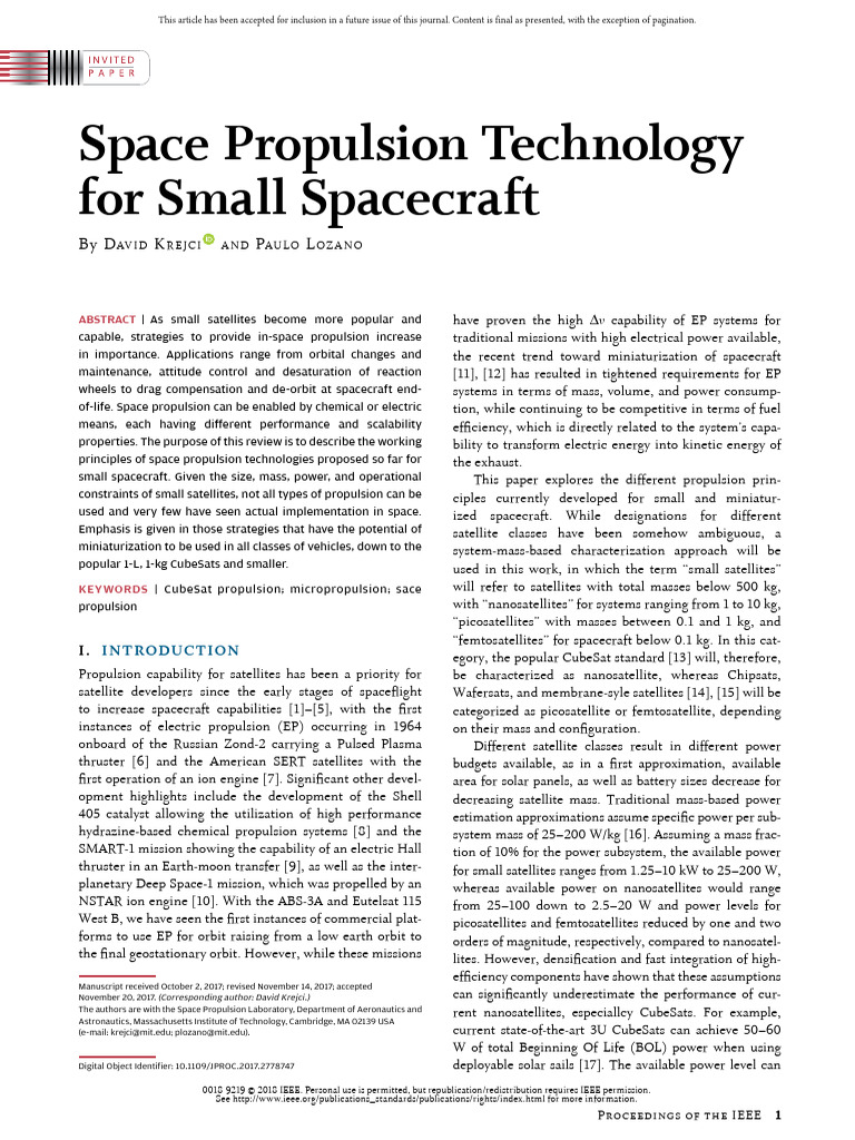 Space Propulsion Technology For Small Spacecraft | PDF | Spacecraft ...