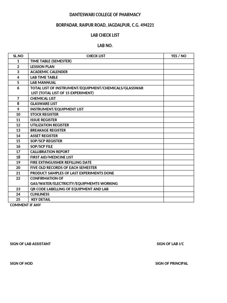 Lab Check List | PDF