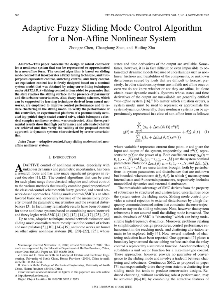 Adaptive Fuzzy Sliding Mode Control Algorithm For A Non-Affine ...