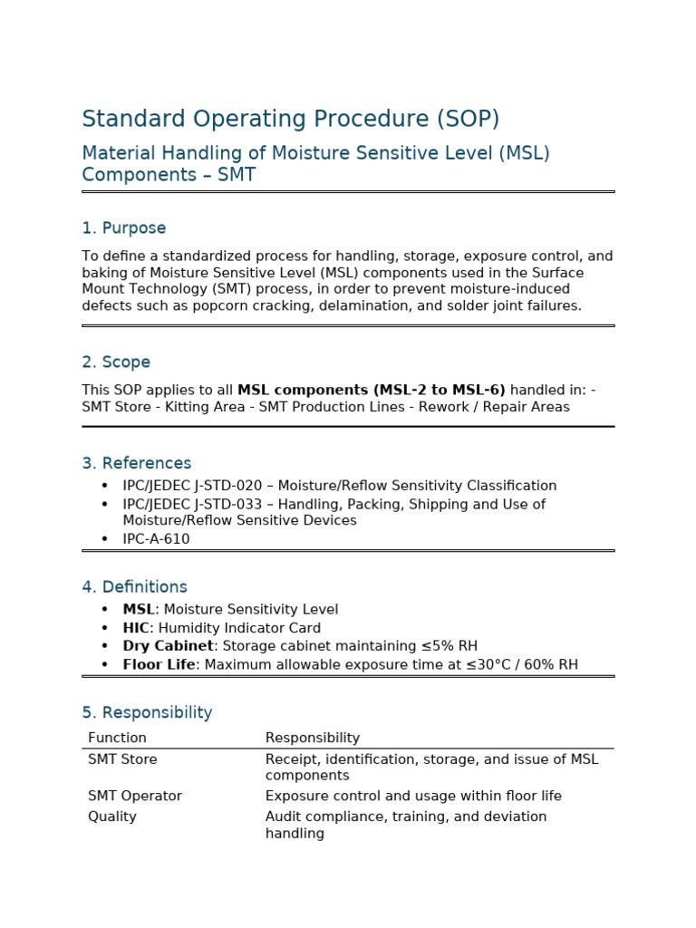 Sop - Material Handling of MSL Components (SMT) | PDF