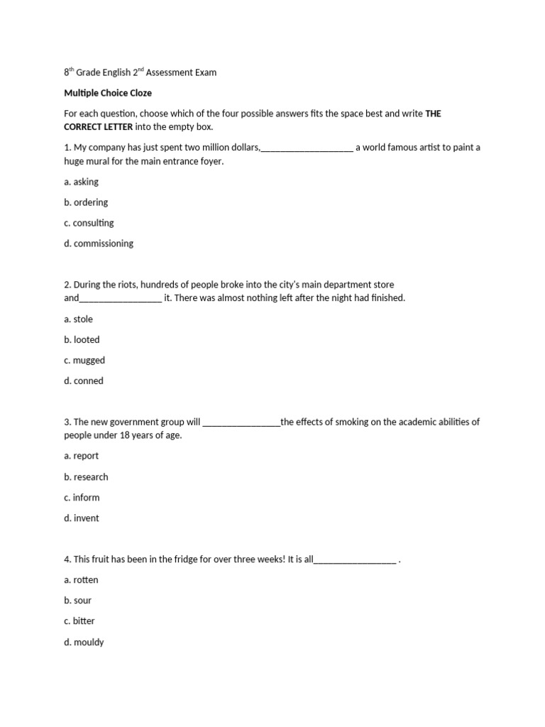 8th Grade English 2nd Assessment Exam | PDF | Huckleberry Finn ...