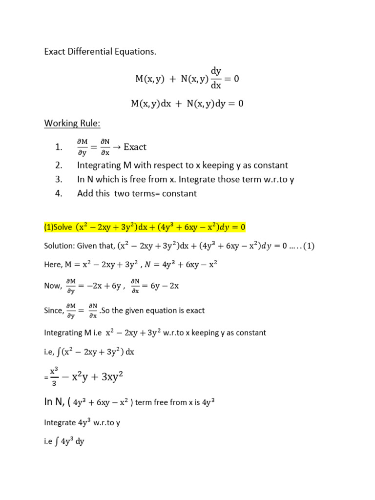 Exact Differential Equations... | PDF | Subtraction | Differential Calculus