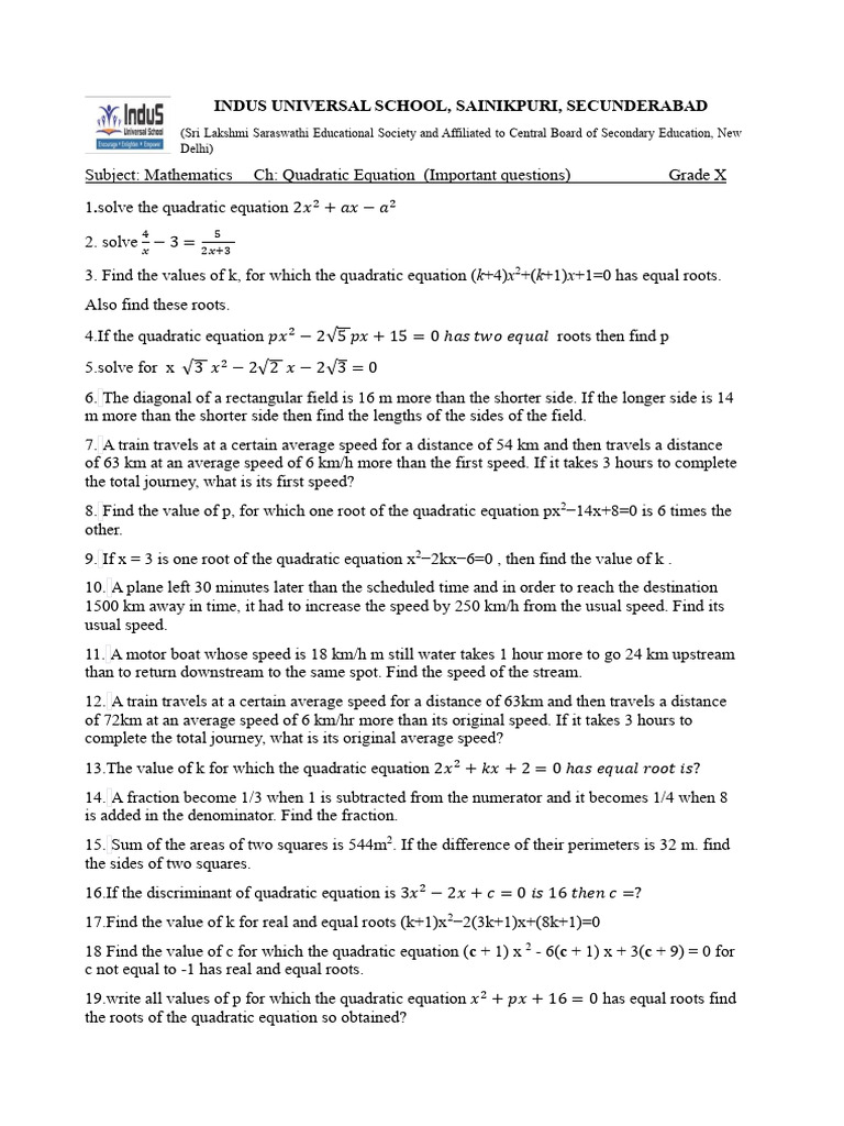 Quadratic Important Questions | PDF | Quadratic Equation | Speed