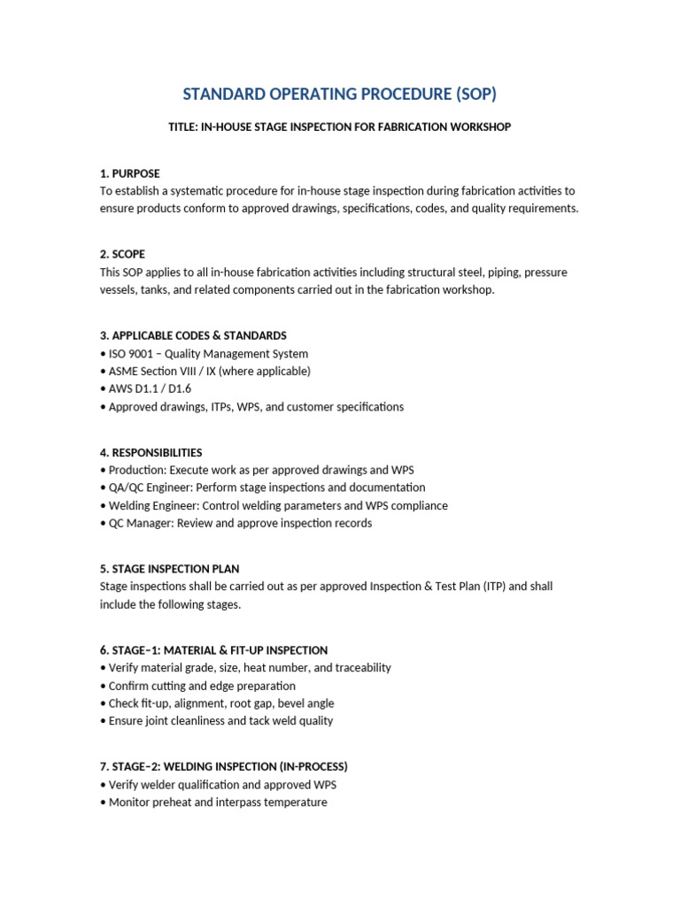 SOP in House Stage Inspection Fabrication Workshop | PDF ...