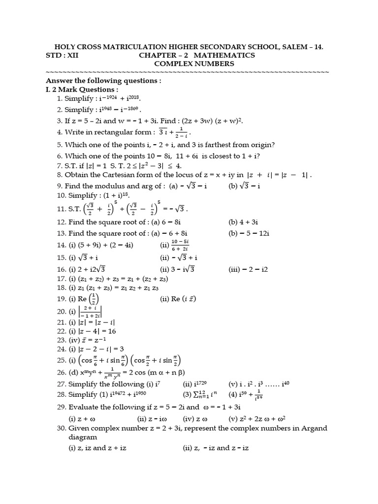 12 Maths CH 2 Complex Numbers | PDF | Elementary Geometry | Elementary ...