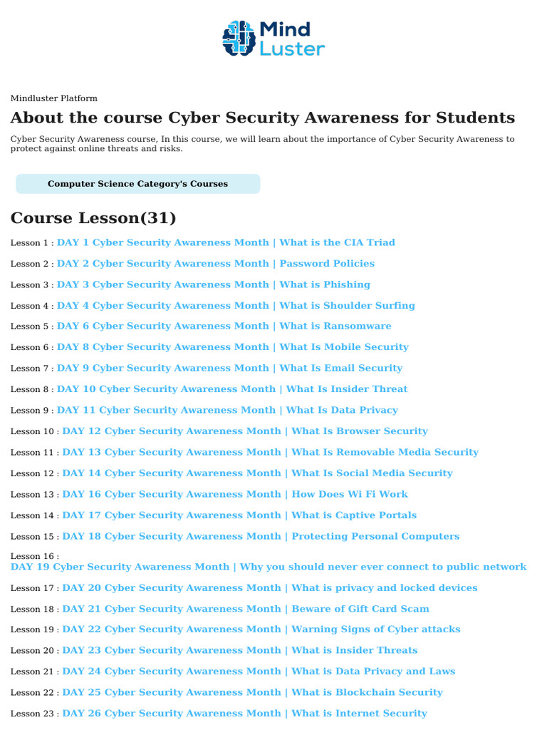 Cyber Security Awareness For Students Course Content | PDF | Computer ...