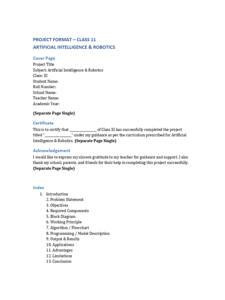 Class 11 AI Robotics Project Format | PDF | Artificial Intelligence ...