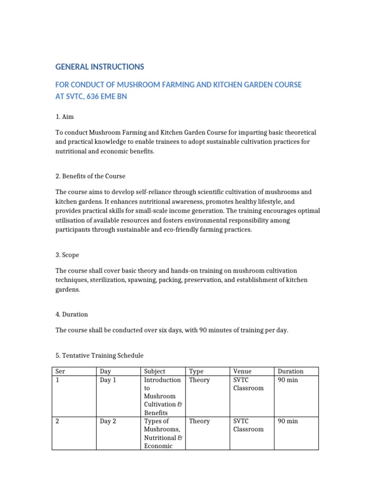Mushroom Kitchen Garden Course Tabular Schedule | PDF