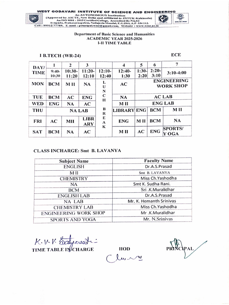 I - II Semester Time Table | PDF