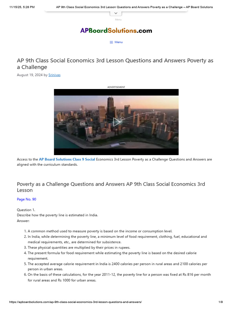 AP 9th Class Social Economics 3rd Lesson Questions and Answers Poverty ...